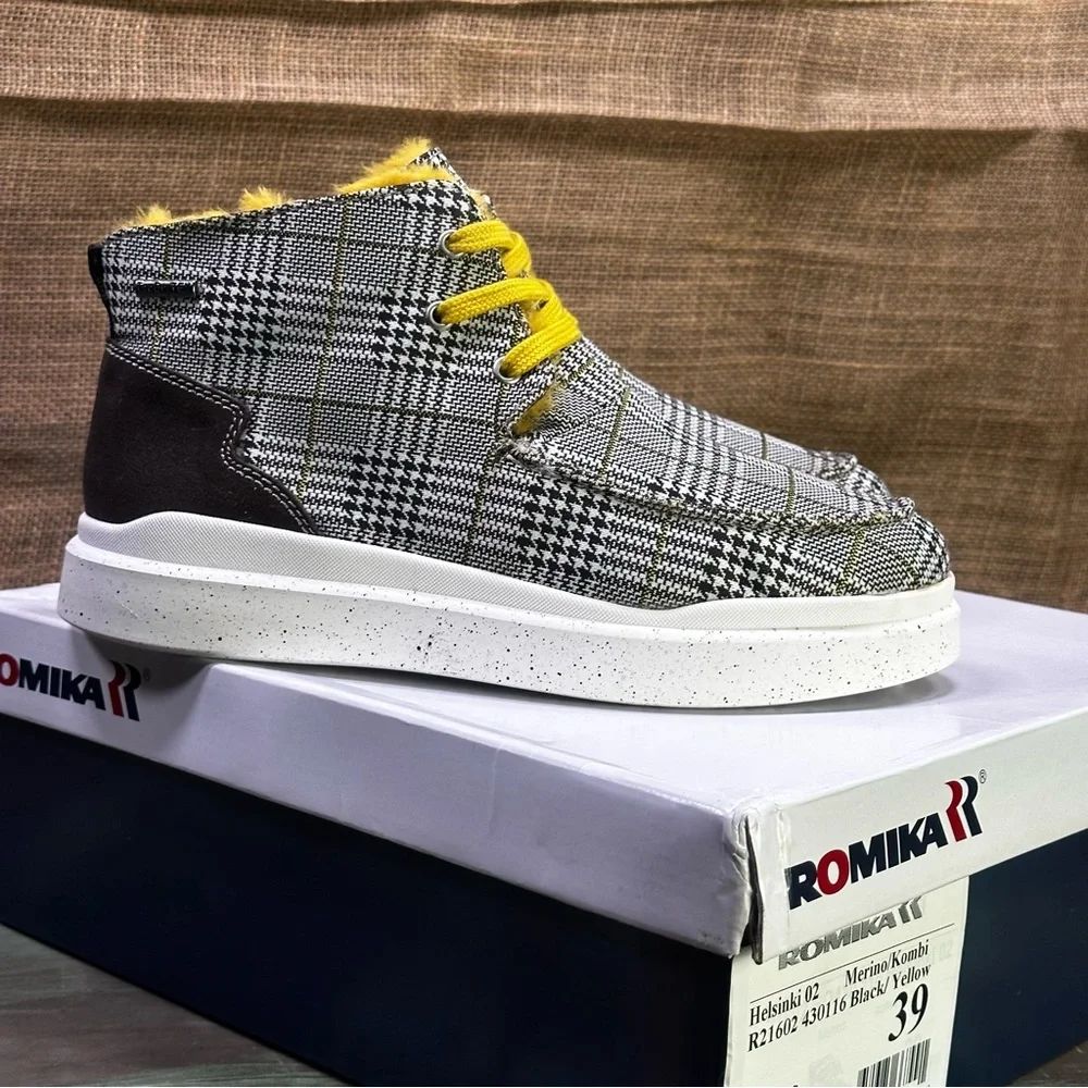 Romika Helsinki black & yellow plaid high hi top sneakers boots sz‎ 8 - Picture 2 of 11